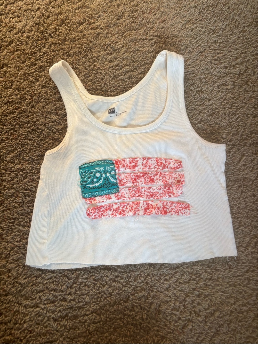 GAP White Cropped Tank Top with Red and Teal Flag Patch